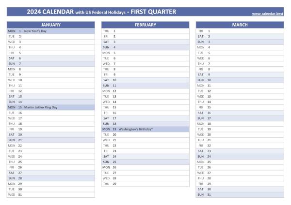 Calendar for the first quarter of 2024 with public holidays