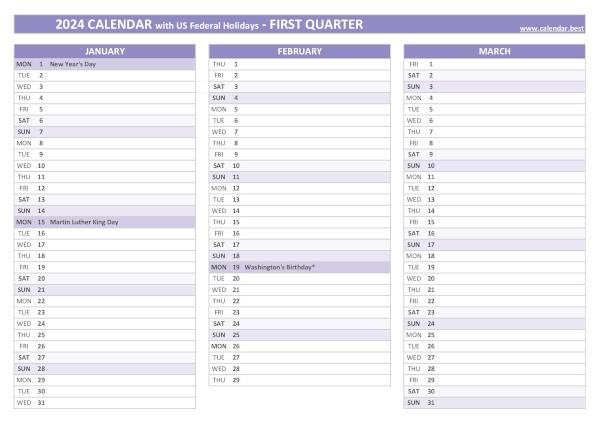 Printable 1st quarter 2024 calendar with public holidays, purple template Calendar for the first quarter of 2024 with public holidays