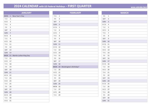 Calendar for the first quarter of 2024 with public holidays