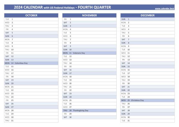 Calendar for the fourth quarter of 2024 with public holidays