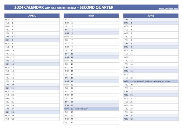 Printable 2nd quarter 2024 calendar with public holidays, blue template Calendar for the second quarter of 2024 with public holidays
