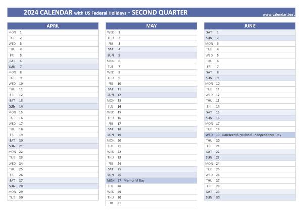 Calendar for the second quarter of 2024 with public holidays