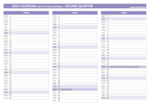 Printable 2nd quarter 2024 calendar with public holidays, purple template Calendar for the second quarter of 2024 with public holidays