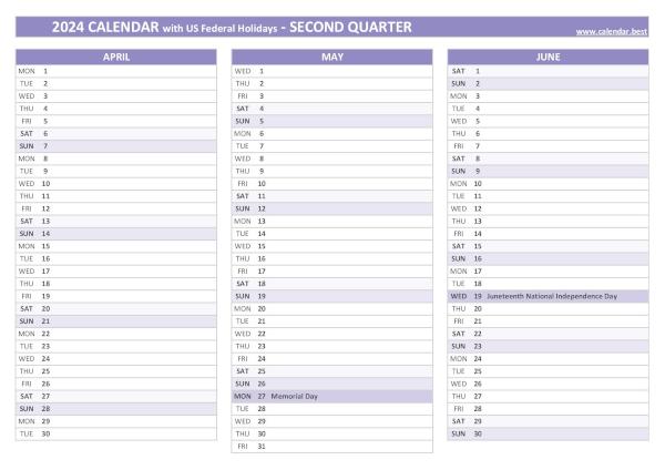 Calendar for the second quarter of 2024 with public holidays