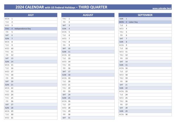 Calendar for the third quarter of 2024 with public holidays