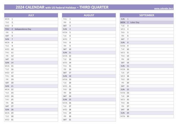 Calendar for the third quarter of 2024 with public holidays