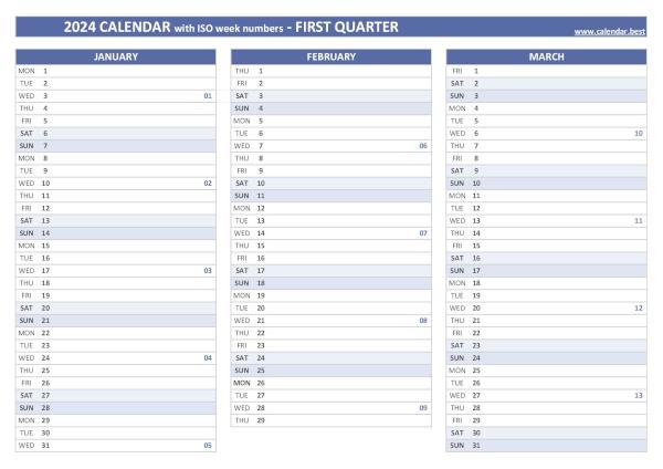 Printable 1st quarter 2024 calendar with iso week numbers, blue template Calendar for the first quarter of 2024 with iso week numbers