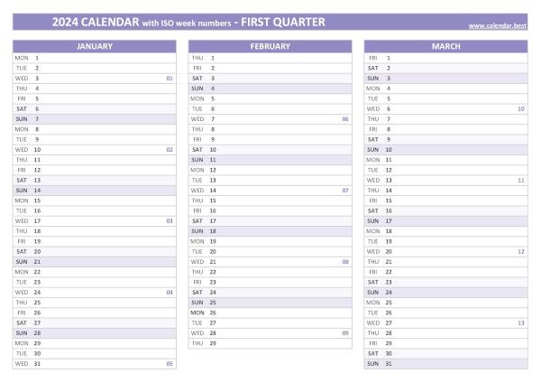 Printable 1st quarter 2024 calendar with iso week numbers, purple template Calendar for the first quarter of 2024 with iso week numbers