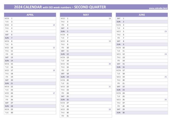 Printable 2nd quarter 2024 calendar with iso week numbers, purple template Calendar for the second quarter of 2024 with iso week numbers