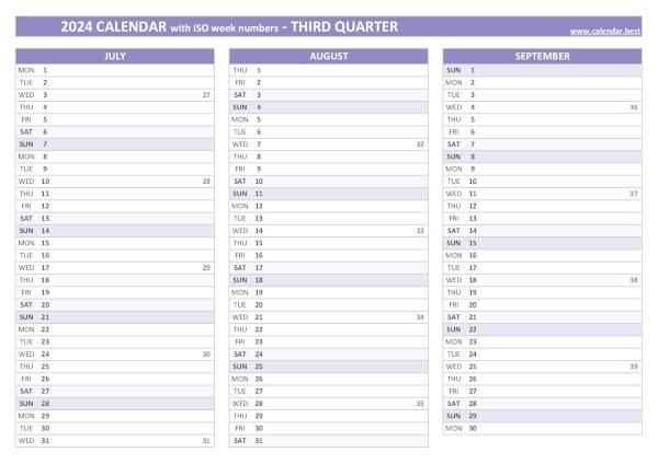 Calendar for the third quarter of 2024 with iso week numbers