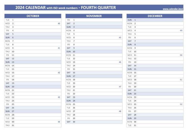 Calendar for the fourth quarter of 2024 with iso week numbers