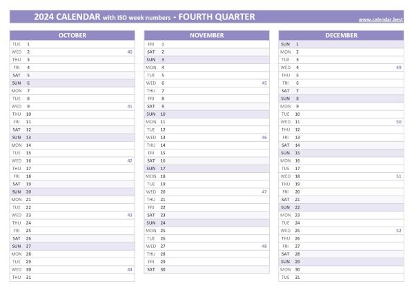 Calendar for the fourth quarter of 2024 with iso week numbers