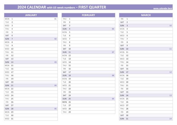 Calendar for the first quarter of 2024 with week numbers