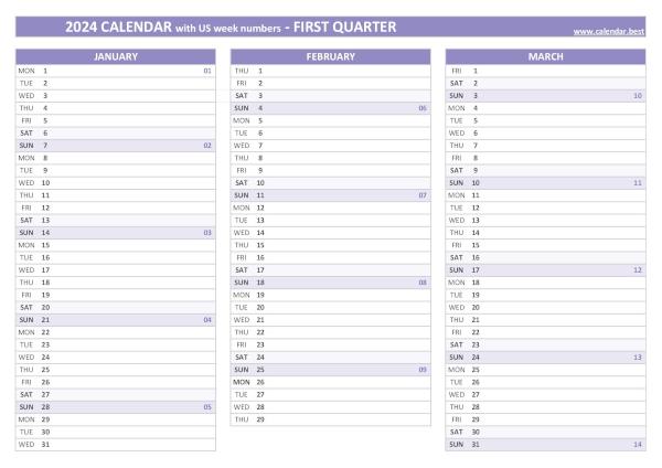 Printable 1st quarter 2024 calendar with us week numbers, purple template Calendar for the first quarter of 2024 with week numbers