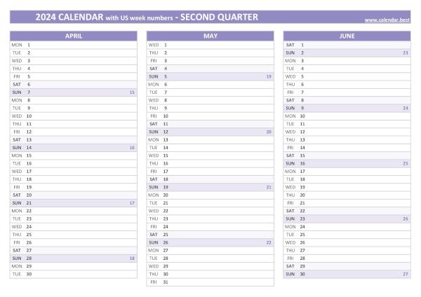 Calendar for the second quarter of 2024 with week numbers