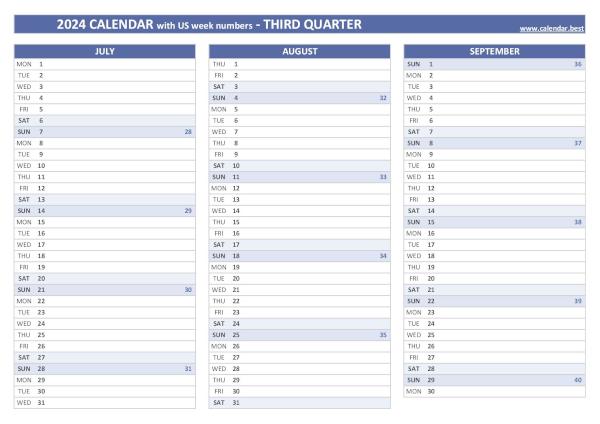 Calendar for the third quarter of 2024 with week numbers