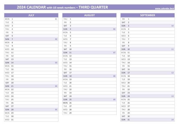 Calendar for the third quarter of 2024 with week numbers