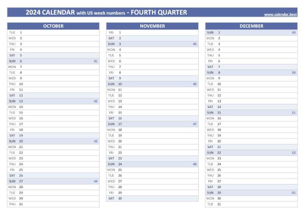 Calendar for the fourth quarter of 2024 with week numbers