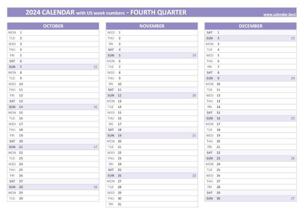 Calendar for the fourth quarter of 2024 with week numbers