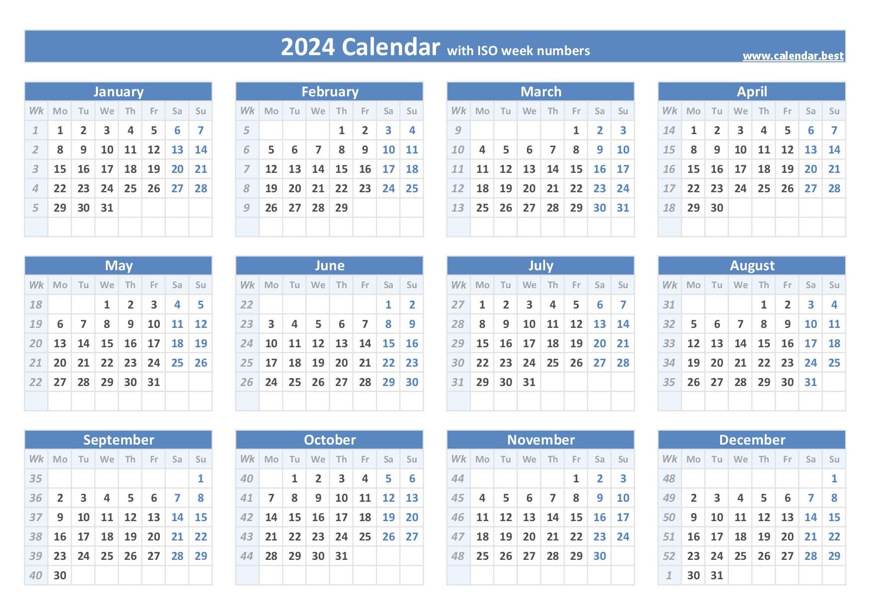 2024 calendar with week numbers (US and ISO week numbers)
