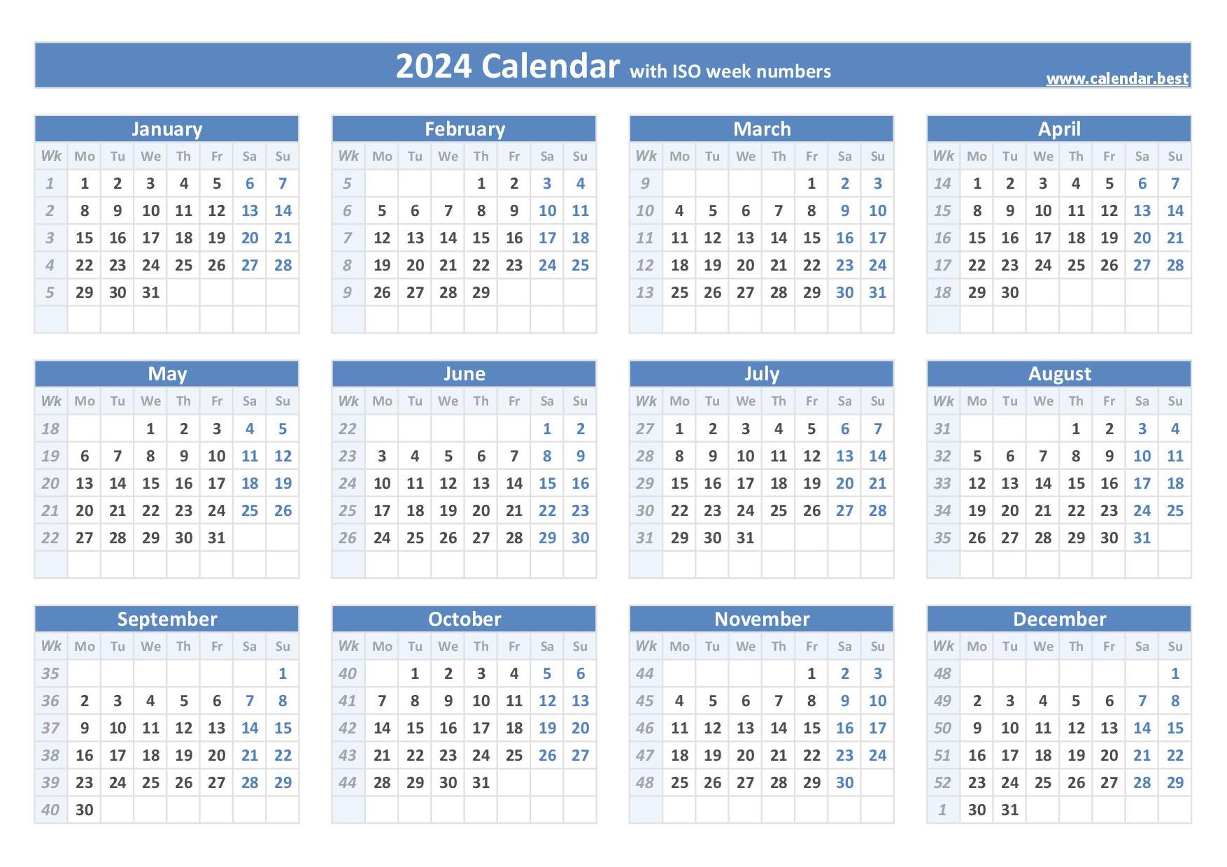 2024 Calendar With Week Numbers Printable Uk Pdf Lunar Calendar 2024