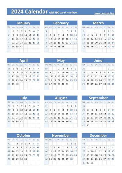 2024 calendar with ISO weeks, blue template