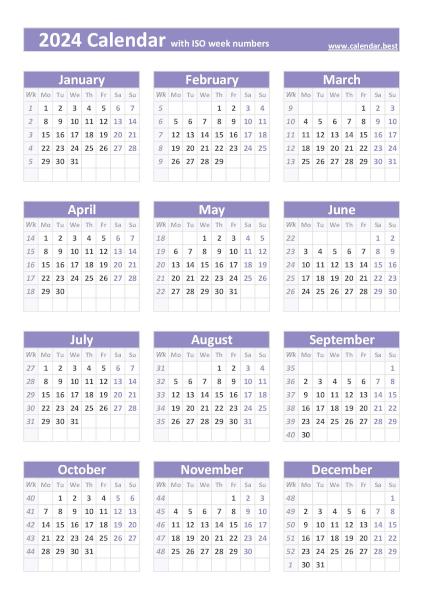 2024 calendar with ISO weeks, purple template