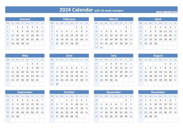 2024 calendar with week numbers.