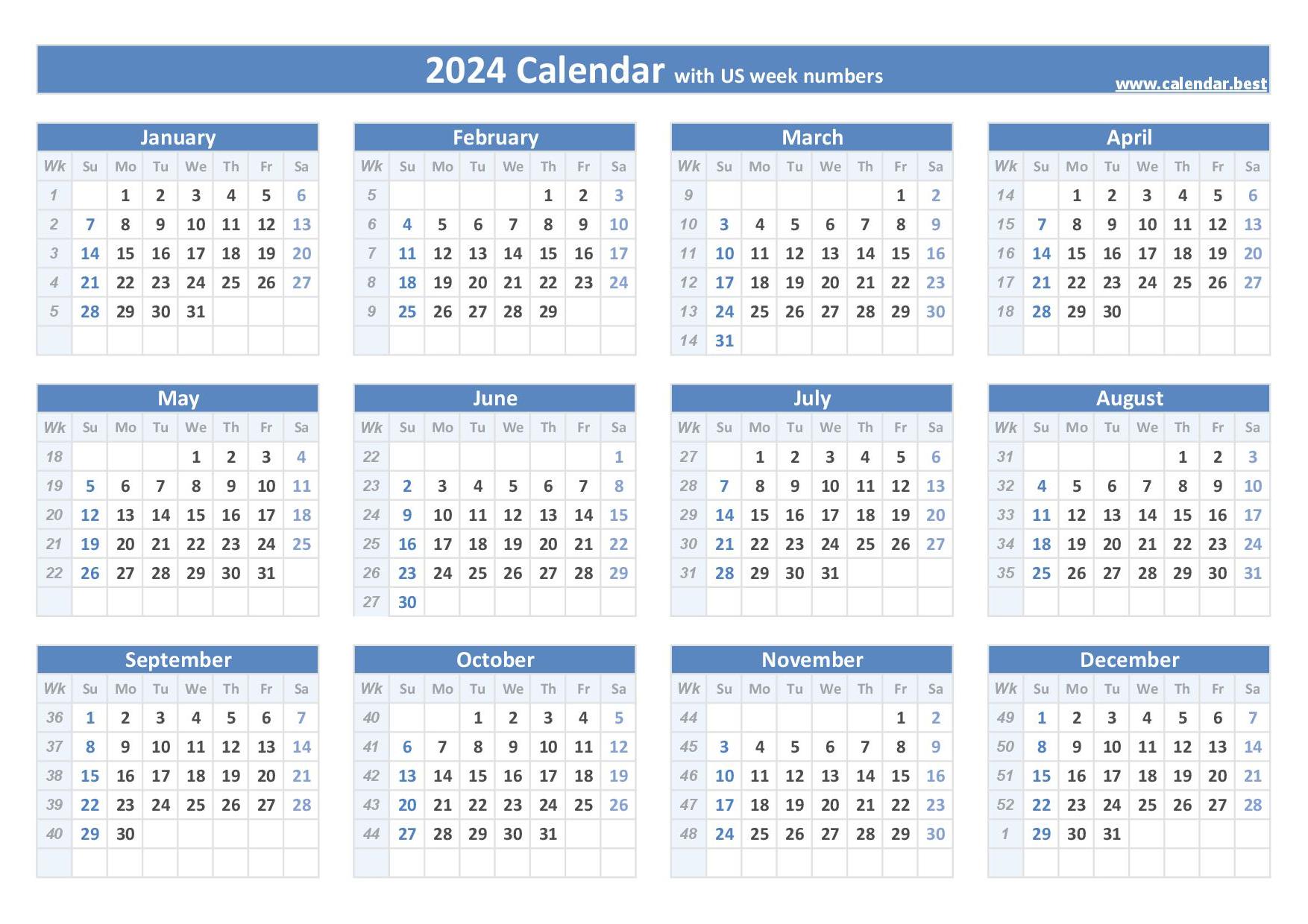 Calendar With Weeks 2024 2024 Calendar Free Printable