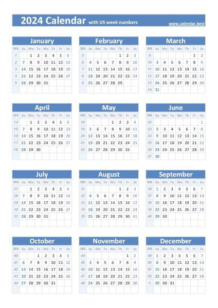 2024 Calendar With Us Week Numbers Portrait Blue 600 