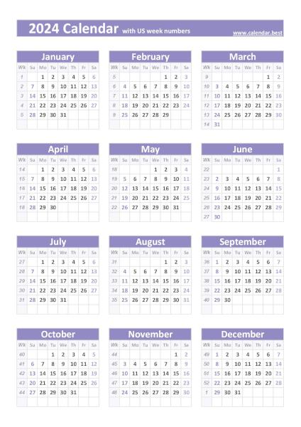 2024 calendar with US weeks, purple template