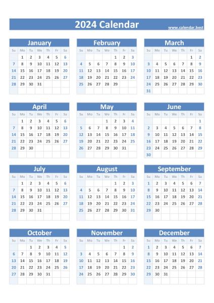 Printable 2024 yearly calendar, free dowload in pdf or jpg, portrait format, blue template. 2024 calendar