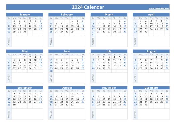 Printable 2024 calendar with blank space to write, free dowload in pdf or jpg, blue template. 2024 calendar with blank notes