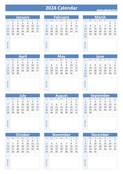 Printable 2024 yearly calendar with blank space to write, free dowload in pdf or jpg, blue template. 2024 calendar with blank notes