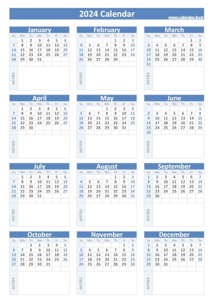 2024 calendar with blank notes