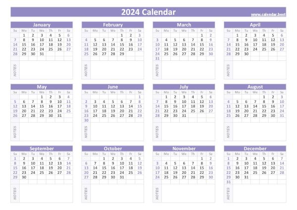Printable 2024 calendar with blank space to write, free dowload in pdf or jpg, blue template. 2024 calendar with blank notes