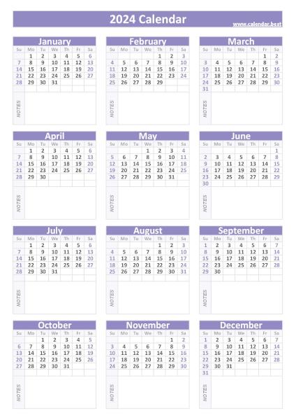 2024 calendar with blank notes