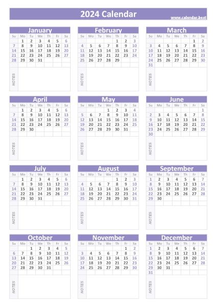 Printable 2024 yearly calendar with blank space to write, free dowload in pdf or jpg, blue template. 2024 calendar with blank notes