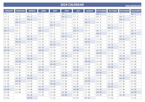 Printable 2024 annual calendar, free dowload in pdf or jpg, blue template. 2024 yearly calendar