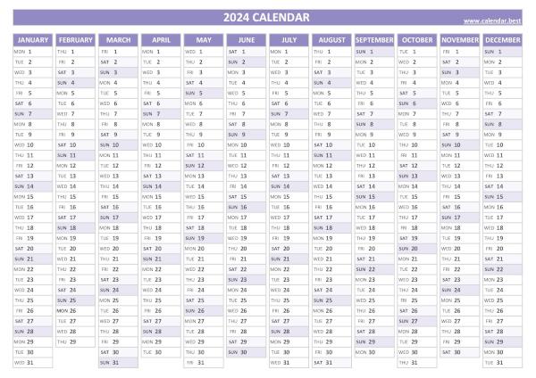 Printable 2024 annual calendar, free dowload in pdf or jpg, purple template. 2024 yearly calendar