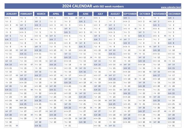 2024 Yearly Calendar With Iso Week Numbers 600 