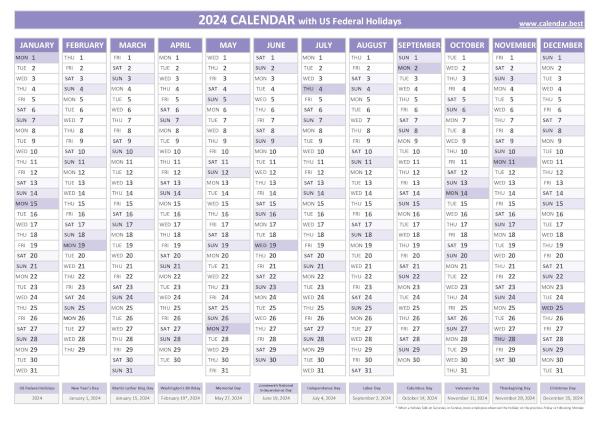 Printable 2024 calendar with holidays, free dowload in pdf or jpg, purple template. 2024 yearly calendar with holidays