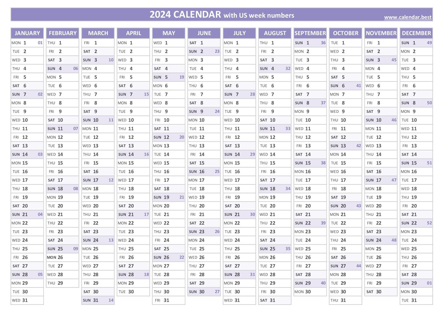 2024 Calendar Printable With Week Numbers Mil Lauree