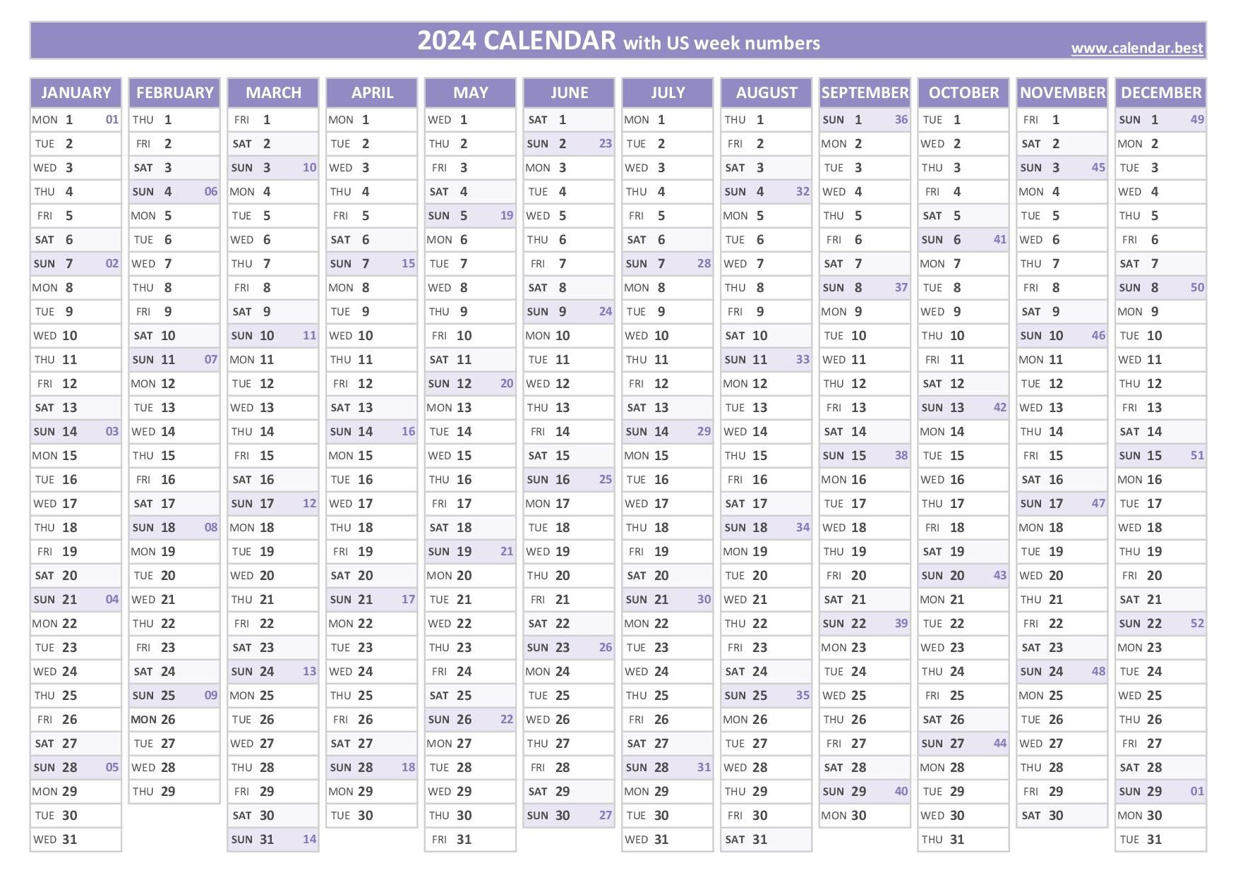 2024 Calendar With Numbered Weeks Inge Regine