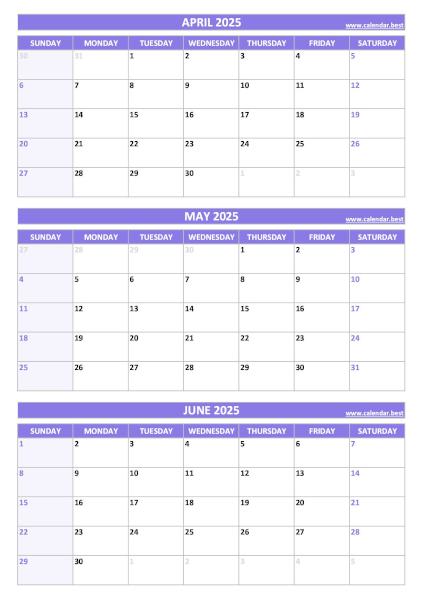 Quarterly calendar for April, May and June 2025 download pdf and print A4 portrait, purple theme Q2 Quarterly Calendar 2025 to print in portrait format