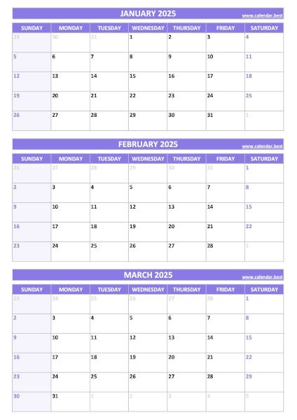 Quarterly calendar for January, February and March 2025 download pdf and print A4 portrait, purple theme Q1 Quarterly Calendar 2025 to print in portrait format