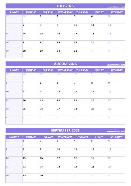 Q3 Quarterly Calendar 2025  to print in portrait format
