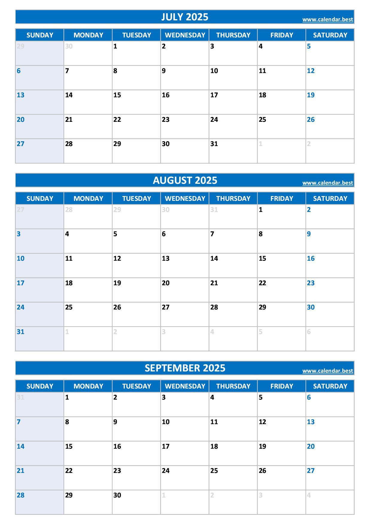 Printable 3rd quarter 2025 calendar