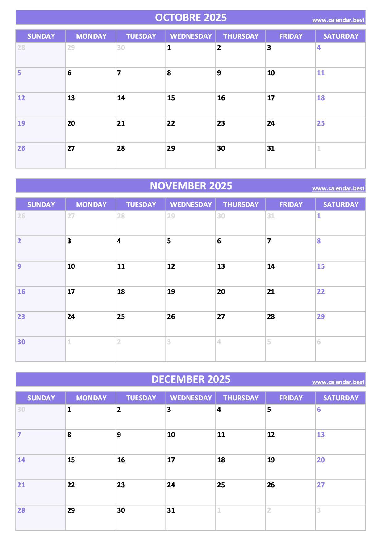 Printable 4th quarter 2025 calendar