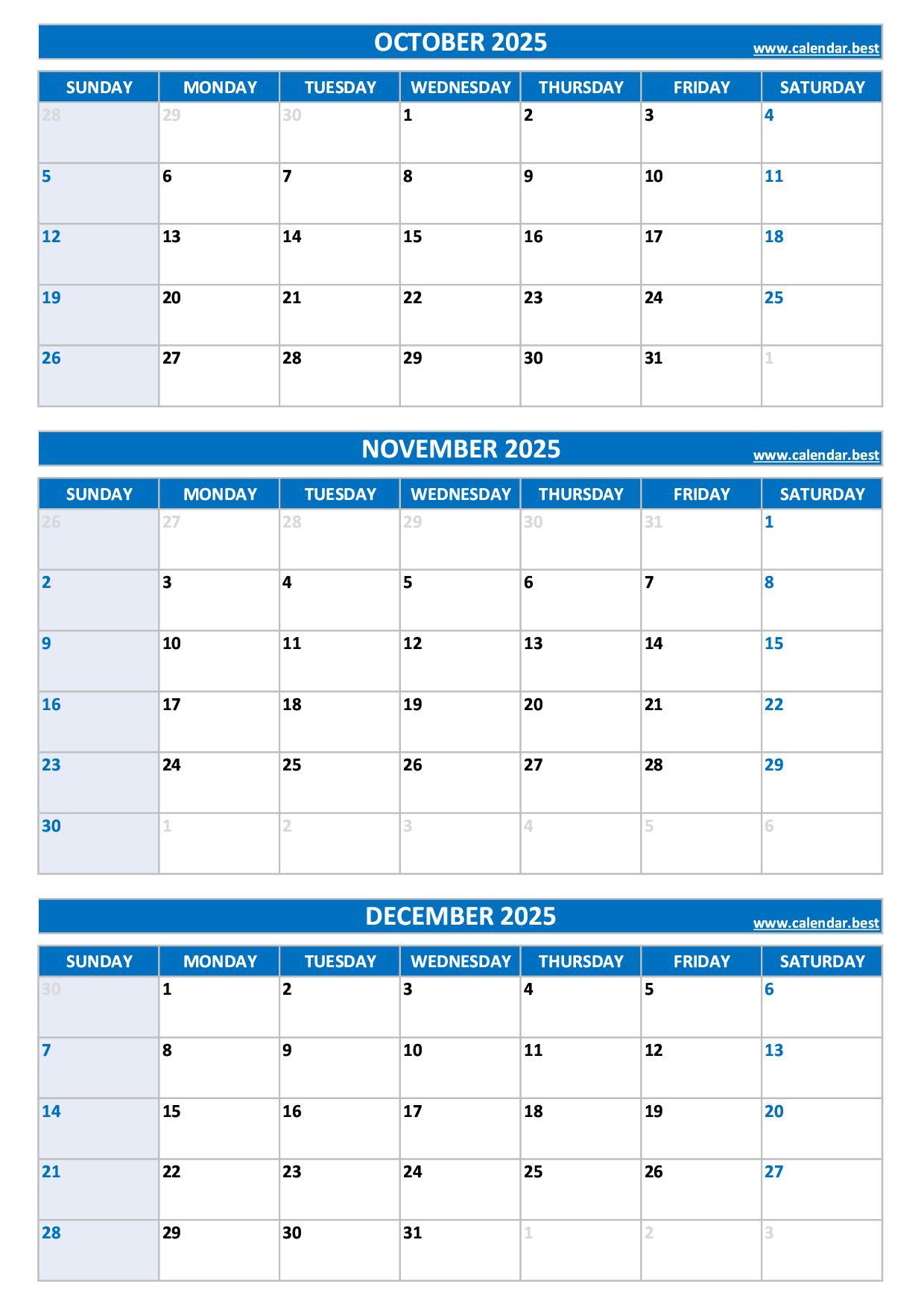 Printable 4th quarter 2025 calendar